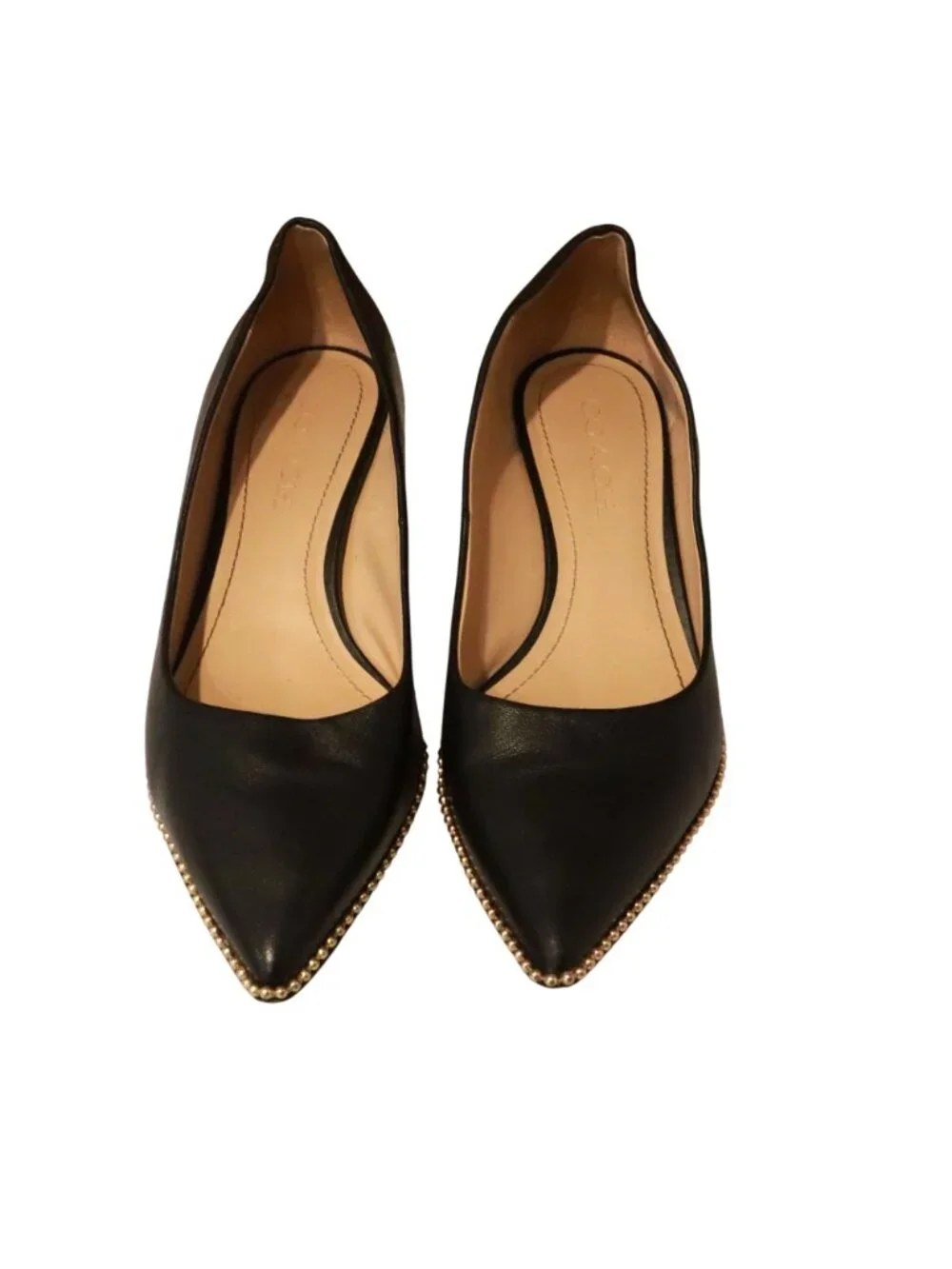 Coach Black Leather Gold Bead Trim Pointed Toe Flats Pumps Dress Shoes